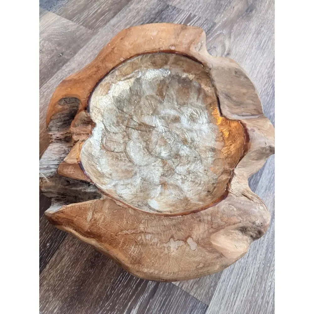 Teak Root Wood Bowl Capiz Shell Inlay 17”Handmade Decorative Centerpiece